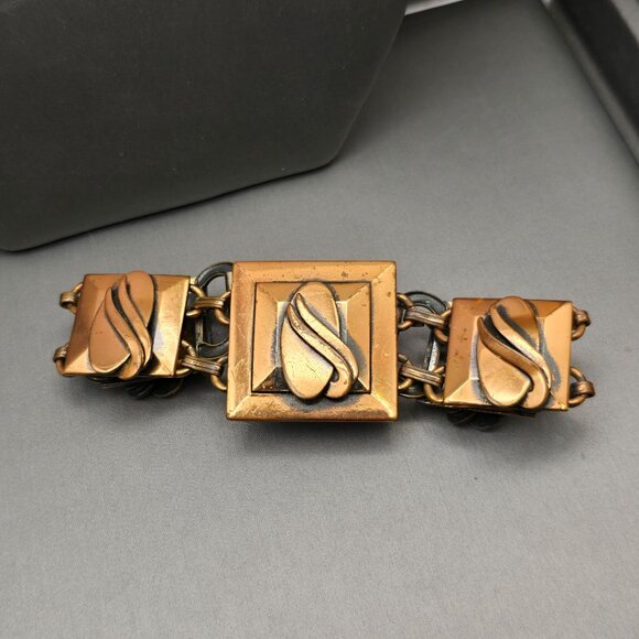 VTG Copper Square Panel 7" Bracelet & Clip On Earrings Set Oval Wave Design - Picture 3 of 7